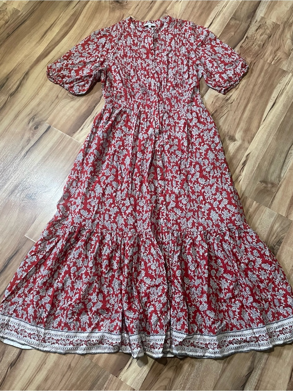 Madewell Ground Madder Floral Pintucked Puff-Sleeve Boho Tiered Midi Dress Sz 10